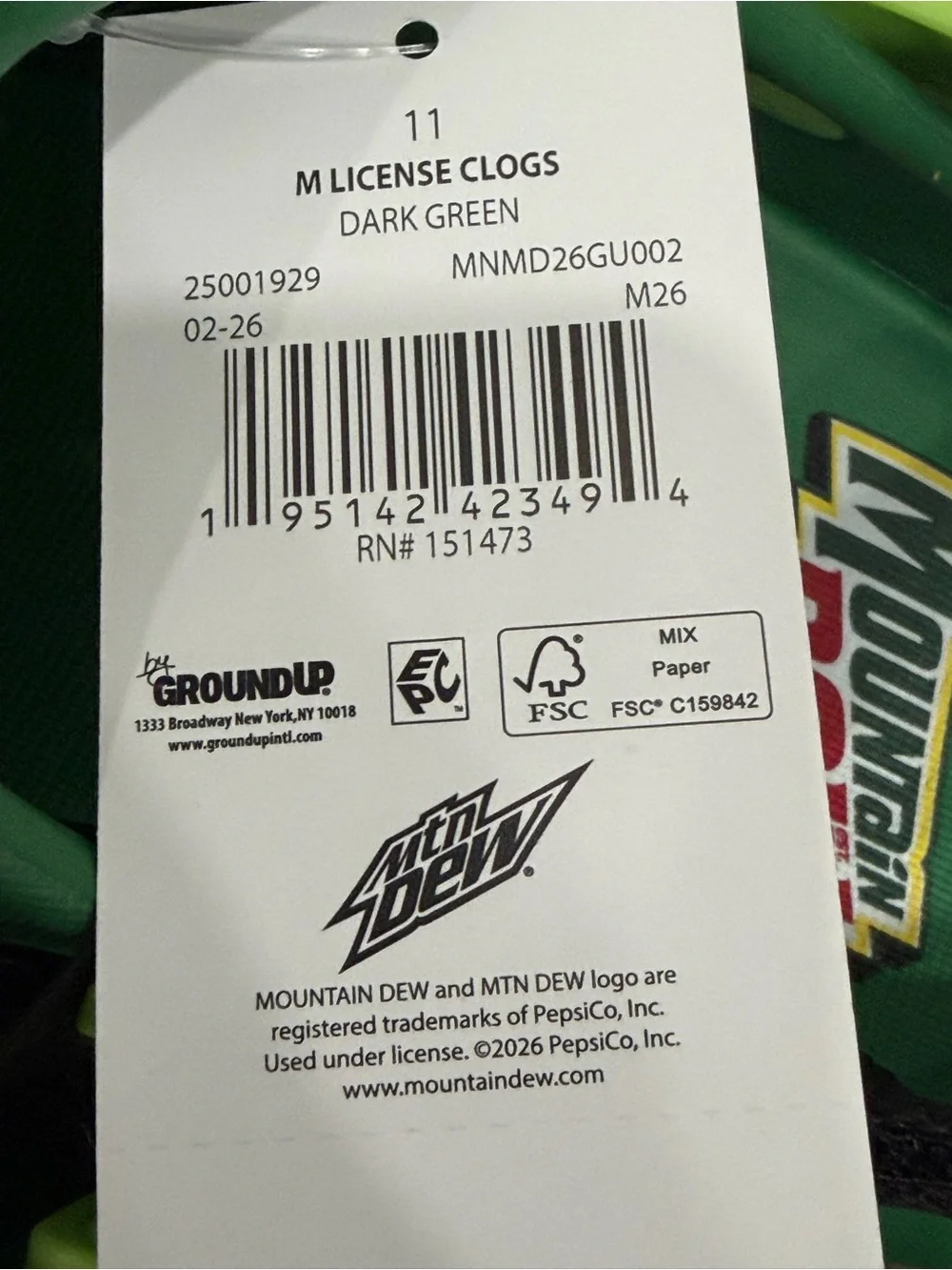 Men’s Size 11 Green Mountain Dew Clog Shoes, NWT